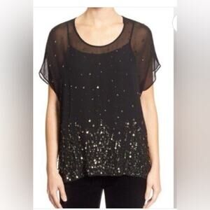 EILEEN FISHER  BLACK BEADED 100% SILK CAP SLEEVES  BLOUSE-TUNIC SIZE L Sheer